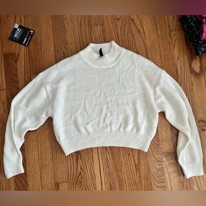Cropped, white mock neck lightweight sweater